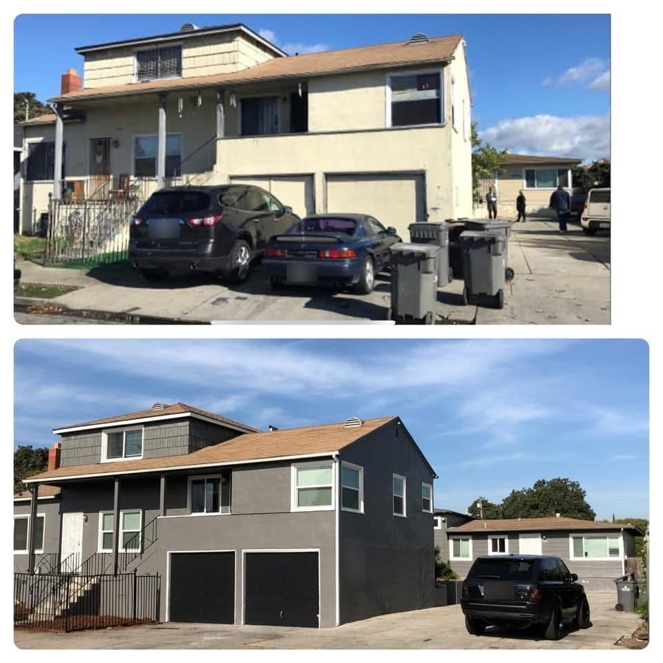 Elmhurst, Oakland apartment building before (top) and after (bottom) exterior renovation