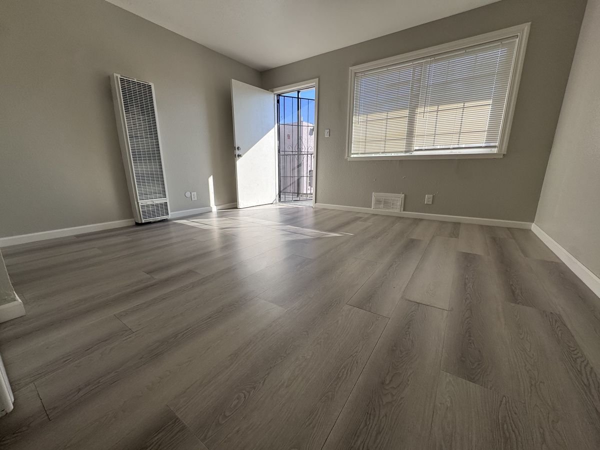Renovated MacArthur apartment with new gray plank flooring, fresh paint and a sunny window