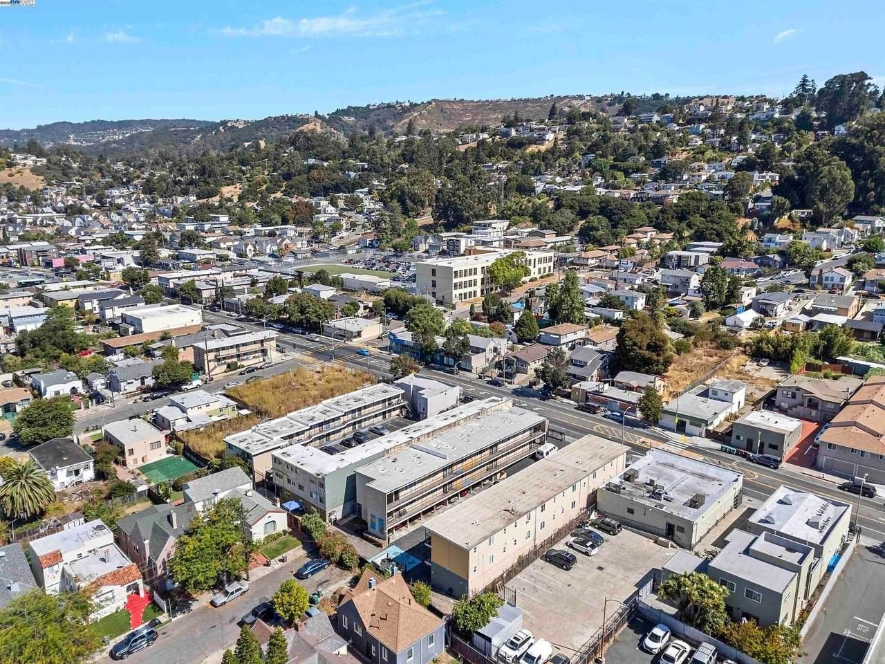Aerial view of the MacArthur Boulevard apartments in East Oakland